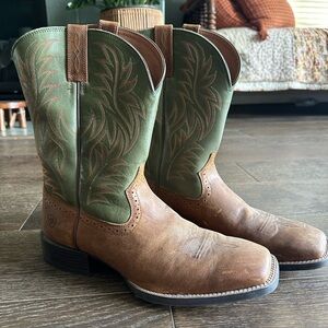 Ariat Brown and Green Western Boots with Decorative Stitching